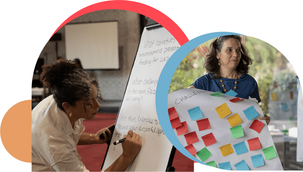 Image on Right Side: A person with shoulder-length dark hair, jewelry, and a dark blue shirt or dress holds up a large piece of paper covered in several different colors of post-it. At the top of the paper is the word “Challenge.” Image on Left Side: A close up of a presentation screen. It features a globe with oceans in black and land in white. The continents in the bottom half of the globe are filled in with a blue gradient.. Big bold text next to the globe says, “We focus our global grantmaking in the Global South and the margins of access to funding.”